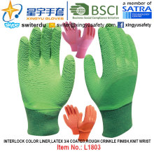 Interlock Color Liner, Latex 3/4 Coated Gloves (L1803) , Rough Crinkle Finish, Knit Wrist with CE, En388, En420, Work Gloves